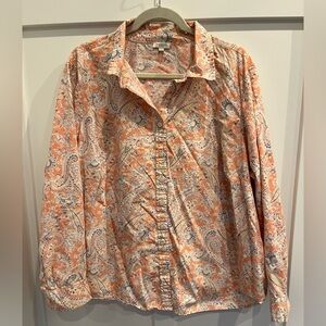 Talbots Womens Plus 3X Peach Paisley Button Up Roll-Tab Sleeve 100% Cotton Top